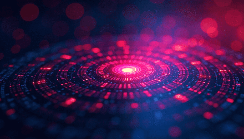 Una ilustración abstracta del algoritmo de búsqueda binaria, visualizada como una serie de círculos concéntricos que se encogen hacia el centro, utilizando un degradado de colores vibrantes y una iluminación dinámica para representar el rango de búsqueda que se va reduciendo.